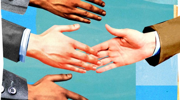 3 hands reaching out on the left, two brown, one white, with one white hand on the left reaching for the other white hand