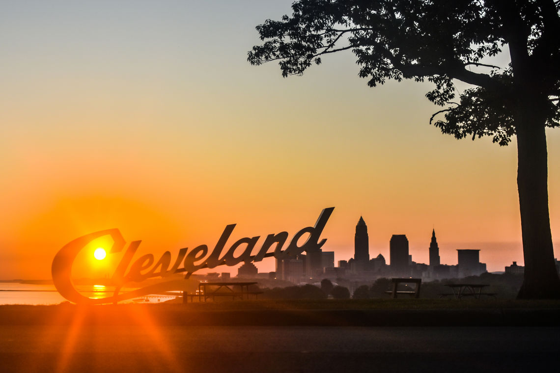 Cleveland sign during a sunset