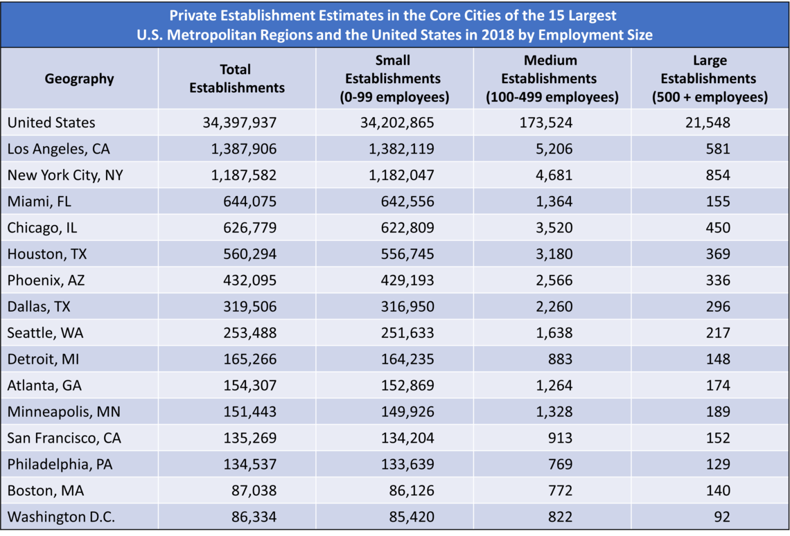 Private Establishments in Metro Areas by employment size 2018