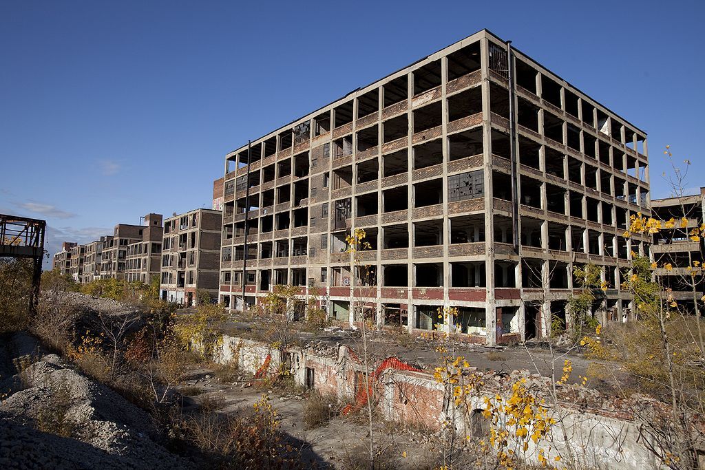 Several abandoned buildings in a row