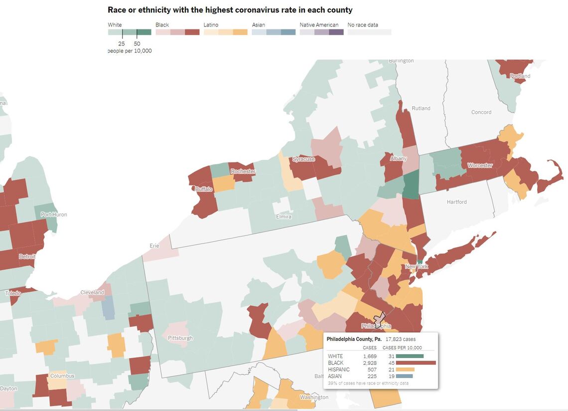 Race or ethnicity with the highest COVID rate in each county