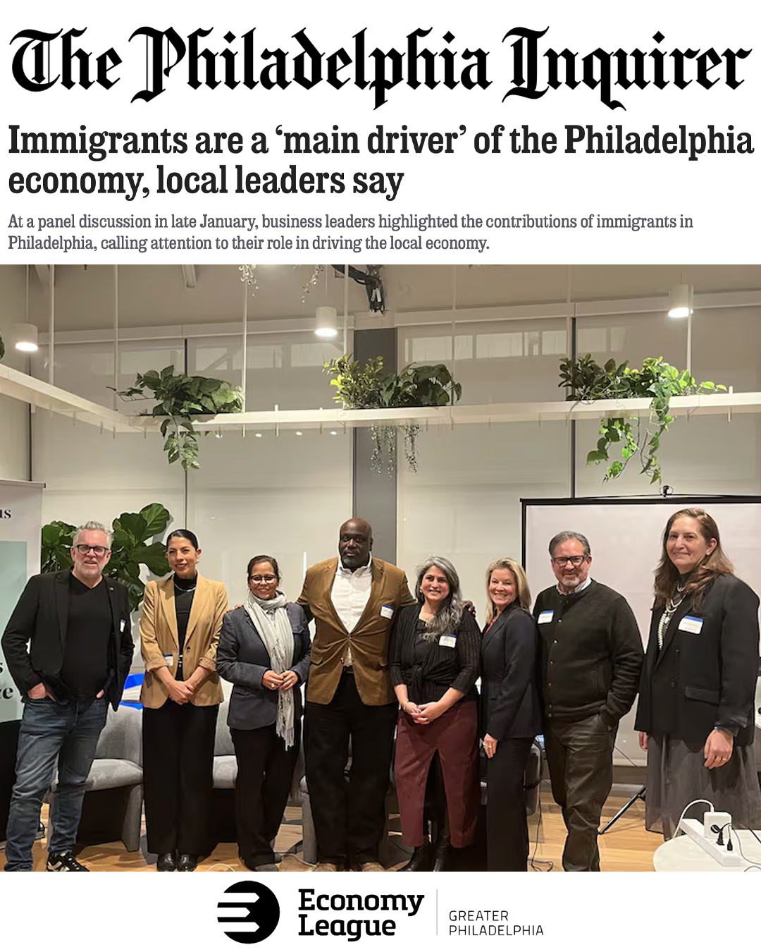 The Economy League of Greater Philadelphia held a panel discussion in collaboration with FWD.us (From left: Ben Fileccia, Pennsylvania Restaurant & Lodging Association; Maria Praeli, FWD.us; Jennifer Rodriguez, Greater Philadelphia Hispanic Chamber of Commerce; Alain Joinville, Philadelphia's Office of Immigrant Affairs; Elizabeth Jones, The Welcoming Center; Tracy Brala, University City Science Center; Jeff Hornstein, The Economy League of Greater Philadelphia; Amy Gadsden, University of Pennsylvania.)