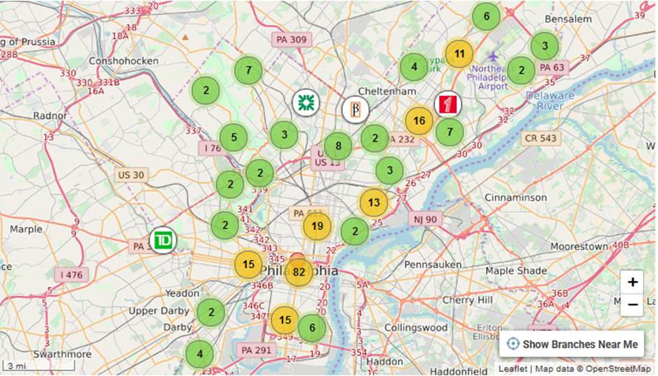 Spread of bank branches across the region. Source: BankBranchLocator.com
