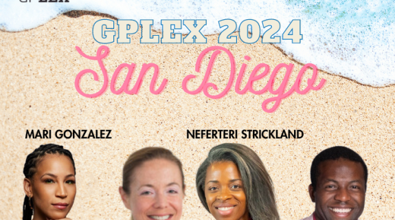 GPLEX 2024 co-chair headshots layered on top of beach graphic.