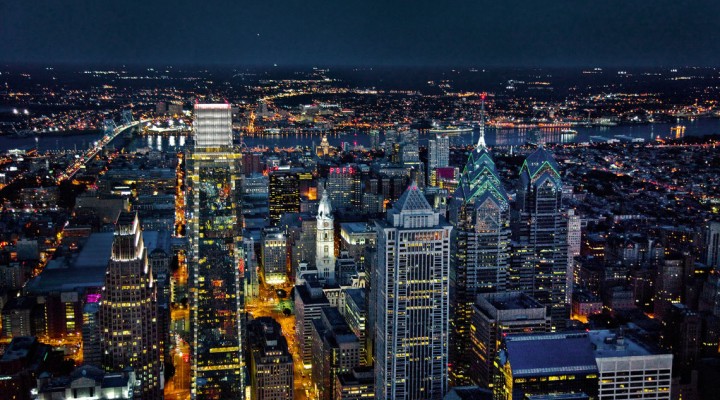 city sky line at night eagle eye view